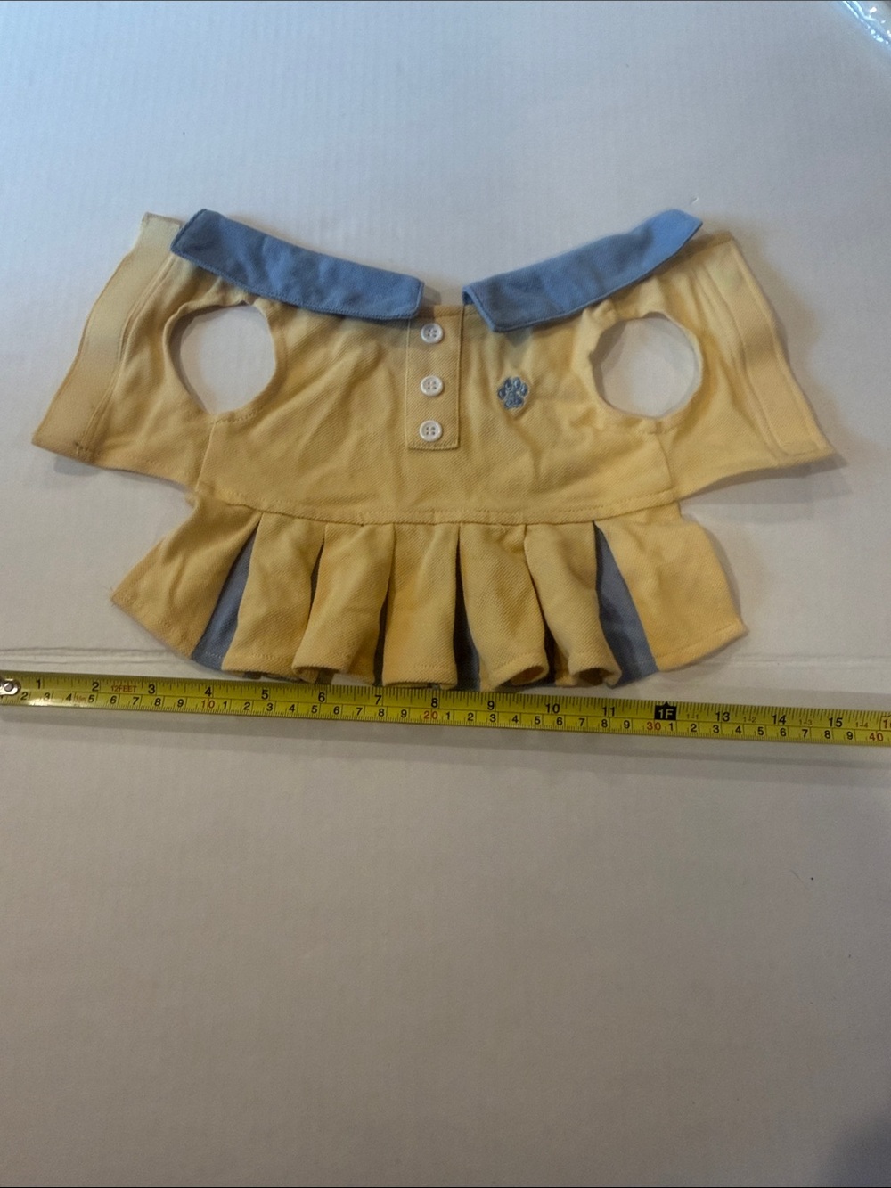 Yellow Pleated Pet Dress with Blue Trim